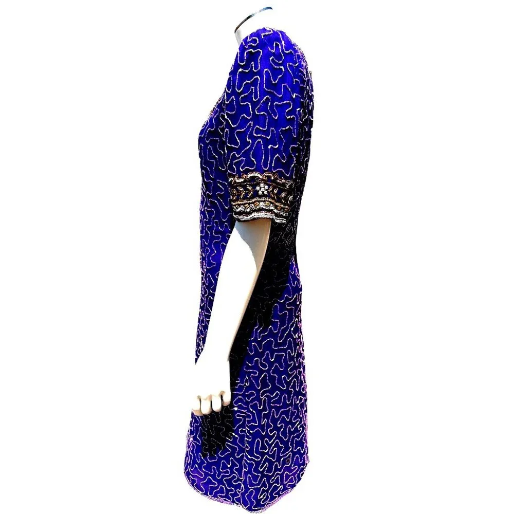 All Silk Vintage Dress by Lawrence Kazar Med Purple Beaded Cocktail Dress Glam - Picture 3 of 12